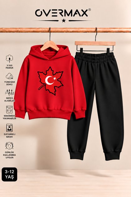 Turkish Flag Printed Hooded Sweatshirt Tracksuit Set - Ages 3-12