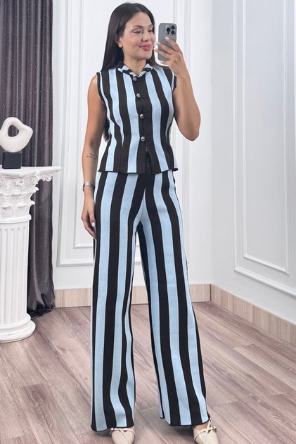 Women's Winter Blue Striped Knitwear Vest Pants Set 20327