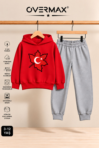 Turkish Flag Printed Hooded Sweatshirt Tracksuit Set - Ages 3-12