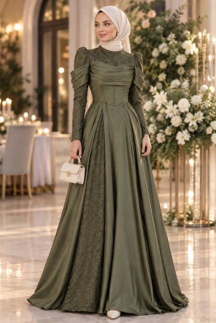 Lace and Draped Khaki Hijab Evening Dress 260Hk