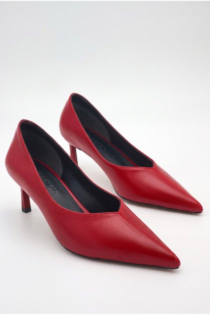 Women's Kitten Heeled Red Daily Shoes with Red Stitching Detail