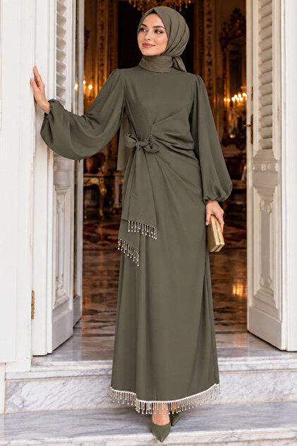 Balon Kol Dark Khaki Hijab Evening Dress 62251Khk