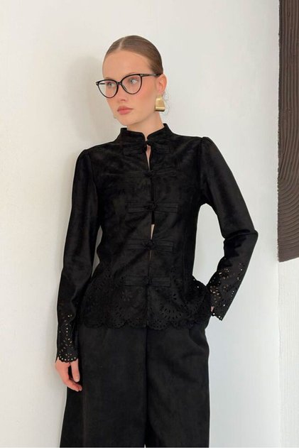 Women's Chinese Buttoned Ethnic Cut Suede Shirt