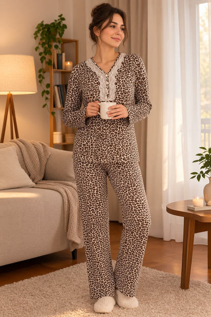Leopard Print Women's Pajama Set Long Sleeve Lace Buttoned 2-Piece Home Wear
