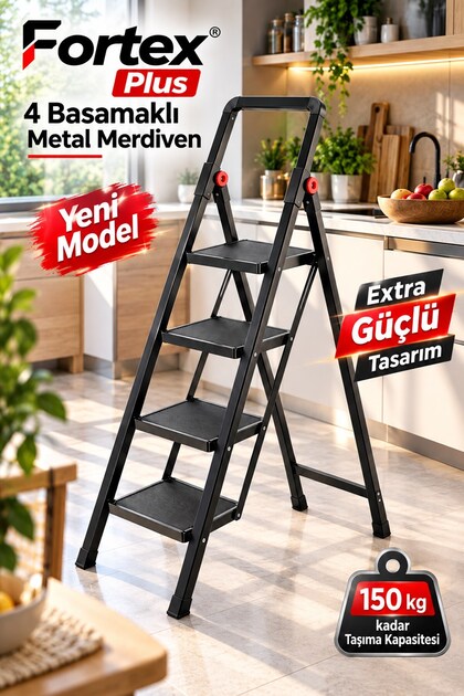 Fortex Plus Siyah Metal 4 Basamaklı Katlanır Merdiven | Kaydırmaz Ayaklı & Patentli Menteşeli Güvenl