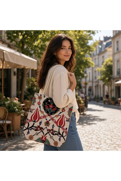 Goblen Dokuma Osmanli Motif Red Tulip Patterned Arm Bag 35-40 cm