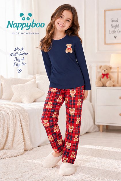 Kız Çocuk Ayıcık Nakışlı Uzun Kollu %100 Pamuklu Pijama Takımı Lacivert Kırmızı Ekose