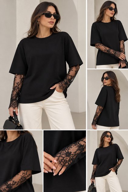 Kolları Dantel Detaylı Premium Bluz