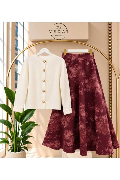Women's Heart Buttoned Knitwear Cardigan - Patterned Scuba Skirt Set -0500