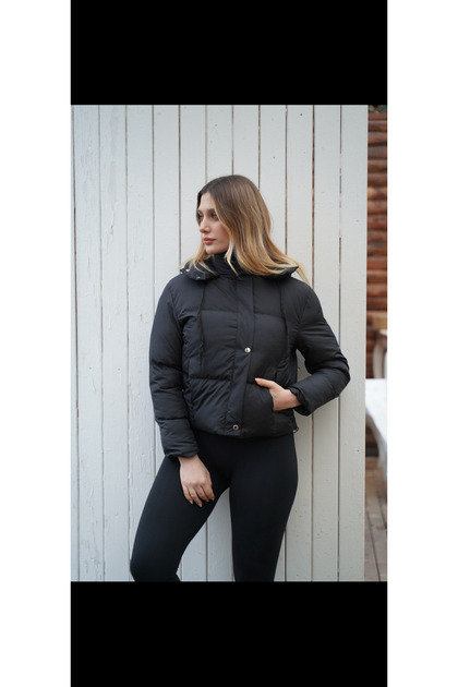 Women's Black Short Puffer Coat Hooded Buttoned Zippered Double Pockets Stand Collar Long Sleeves