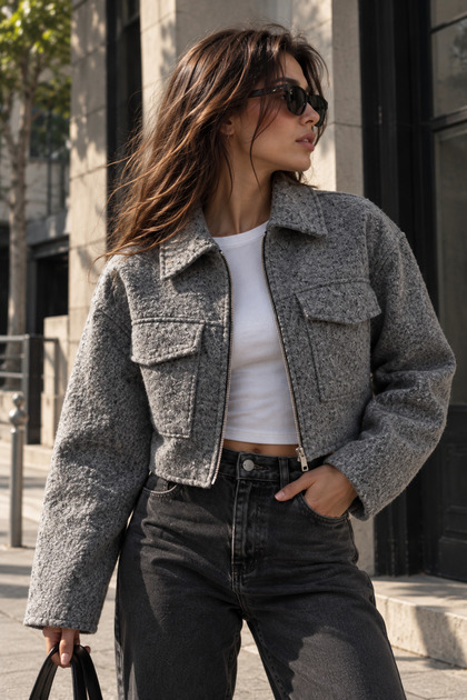 Γυναικείο Crop Jacket με τσέπες με φερμουάρ, Κοντό Κασμιρένιο Μπουφάν, Καθημερινό Κομψό Oversize Παλτό