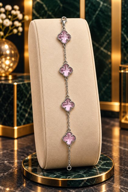 Katre Bijuteri Gold Renk Kristal Taşlı Yonca Model Zarif Kadın Bileklik