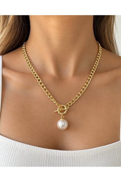 Women's Gold Pearl Chain Necklace with Ring Transitioning to Stylish Gold Color Necklace