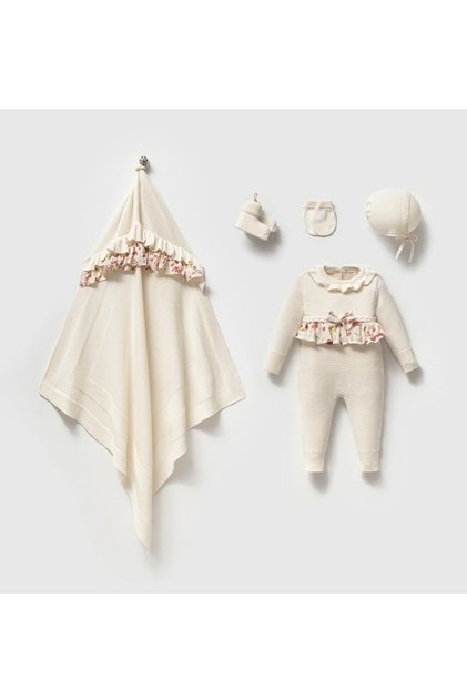 Tulip Patterned Organic Cotton Knitwear 5-Piece Baby Girl Hospital Discharge Set (0-3) Months