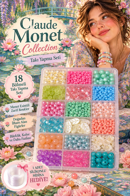 Claude Monet Collection – 18 Bölmeli Takı Yapma Seti, Monet Esintili Pastel Boncuklar ve Figürler, Silikon Misina Hediyeli 🪷🎨✨