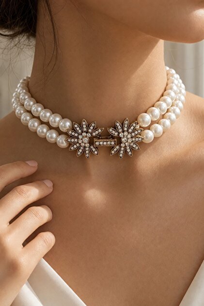 İnci Choker Tasma Kolye Zirkon Taşlı Çiçek Figürlü