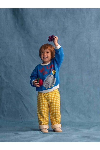 Children's Cotton Elephant Printed Blue Sweatshirt and Yellow Gingham Trousers Set