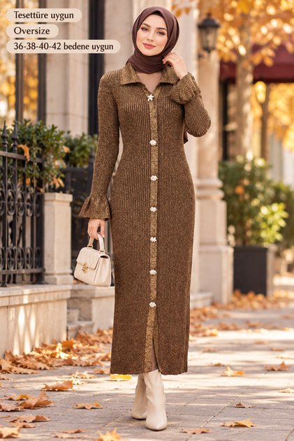 Women's Stone Buttoned Glittery Corded Long Hijab Dress
