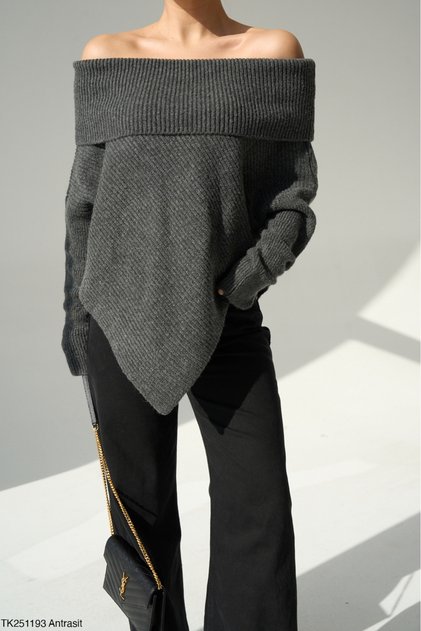 Women's Anthracite Madonna Collar Asymmetrical Cut Knitwear Sweater