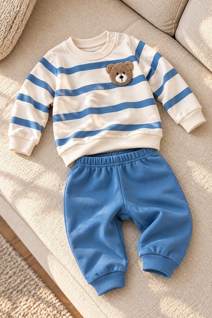 Baby Boy Set with Teddy Bear Detail, Striped 2-Piece Top and Bottom Set, Seasonal