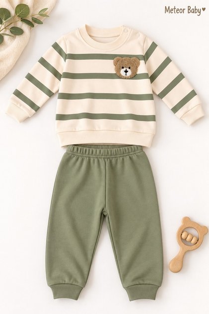 Baby Boy Set with Teddy Bear Detail, Striped 2-Piece Top and Bottom Set, Seasonal