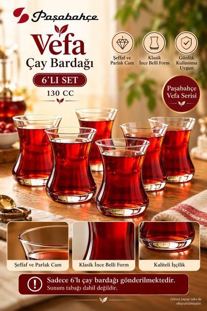 Vefa Çay Bardağı 6’lı Set 130 cc – Klasik İnce Belli Cam Çay Bardağı