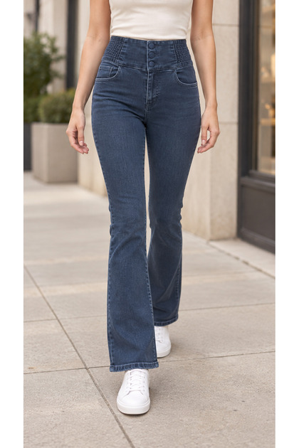 Kadın Yüksek Bel Düğmeli Beli Lastikli Bootcut Jean Pantolon