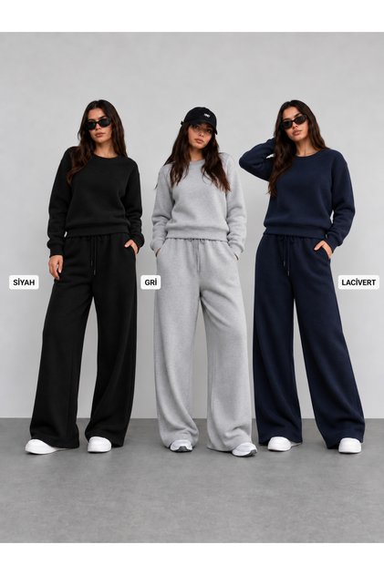 Women's 3-Piece Set with Inner Lining Winter Wide Leg Sweatpants Black Gray Navy Blue