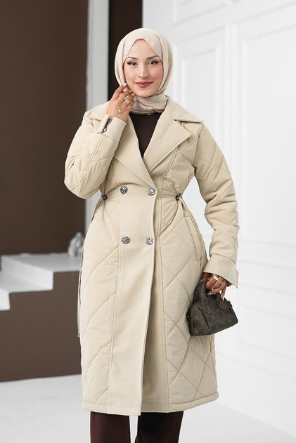 Beige Waist-Tied Long Nova Coat with Cashmere Detail