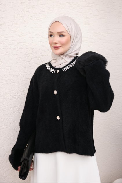 Black Fur Collar Angora Knitwear Cardigan with Stones