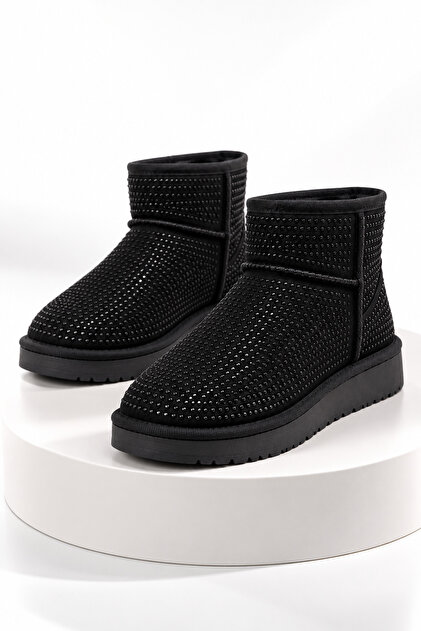 Women's Ankle Boots with Stone Detail, Fur Inside, and Thin Sole