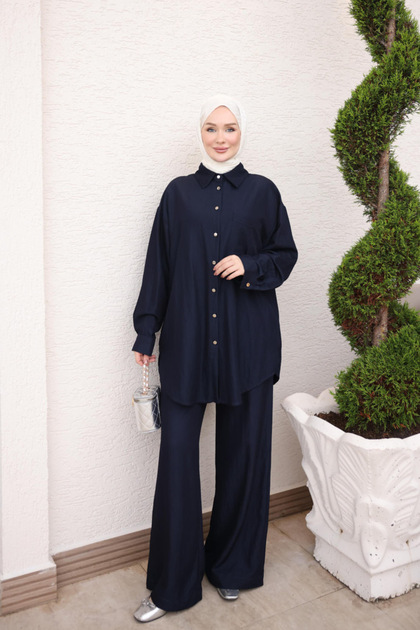 Navy Blue Buttoned Tunic and Trousers Denim Suit
