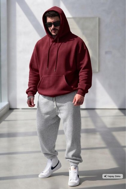 Men's Burgundy Combed Cotton Hooded Sweat Gray Tracksuit Bottom Set