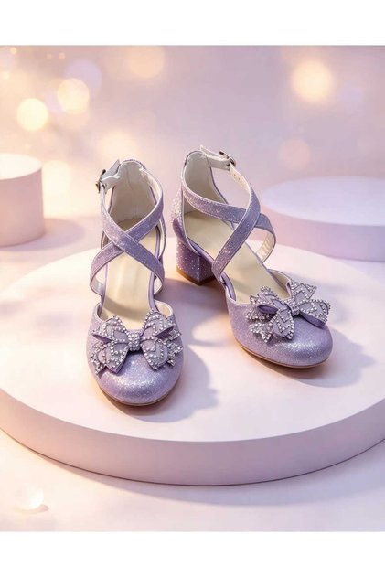 Lilac Front Bow-Knot Cross-Over Sand Glitter High-Heeled Evening Dress Shoes