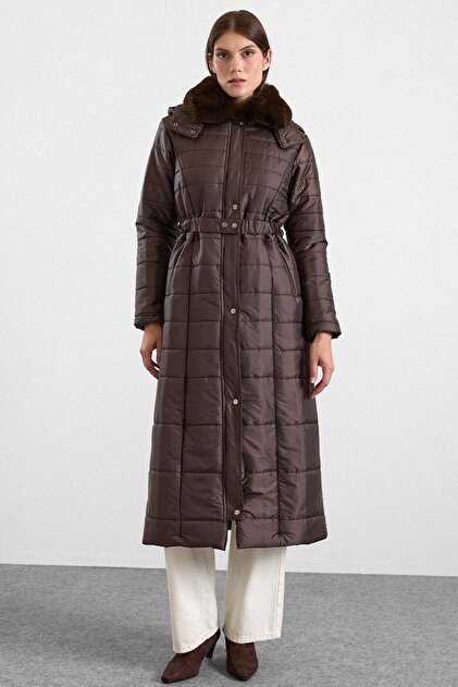 Long Quilted Coat with Fur Collar and Detachable Hood Brown 6930