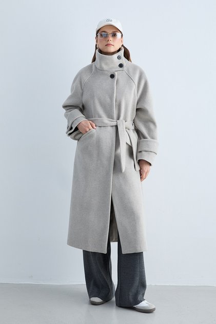 Women's Stand Collar Belted Buttoned Coat with Pockets Long Sleeve Belted Waist Winter Coat - Mink