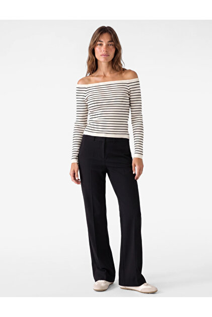 Long Sleeve Boat Neck Striped Off-The-Shoulder Knitwear Sweater