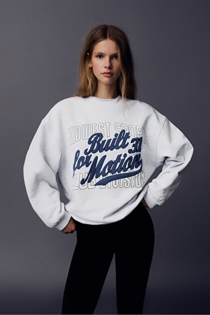 Baskılı oversize bisiklet yaka sweatshirt