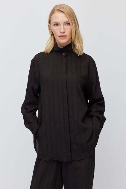Women's Stand-Up Collar Striped Hidden Button Blouse