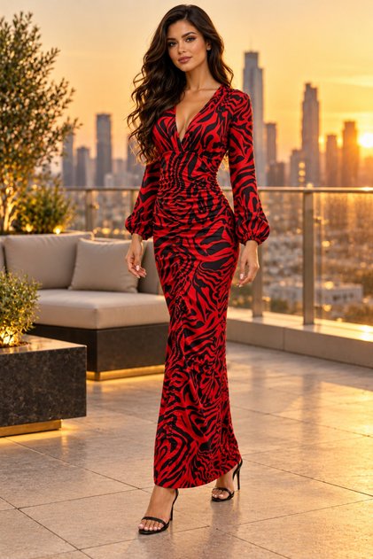 Women's Red Black Zebra Patterned Long Sleeve V-Neck Drawstring Detailed Long Maxi Dress