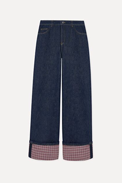 Kadın İndigo Paça Detaylı Straight Fit Pantolon