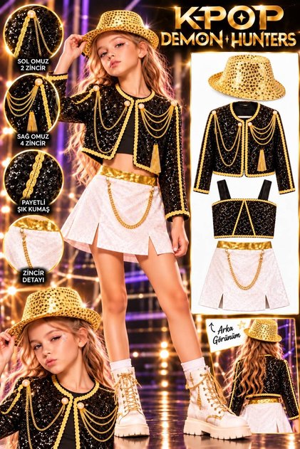 Kpop Huntrix Costume Rumi Mira Zoey Costume - Face Stone - Gold Sequin Party Hat Birthday Party Concert Set