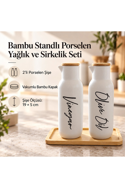 Bambu Standlı Porselen Yağlık ve Sirkelik Seti - Beyaz