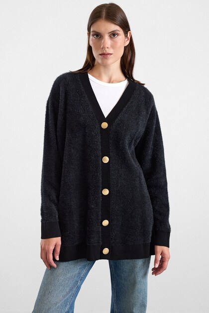 V Yaka Soft Kumaş Hırka SİYAH 8295