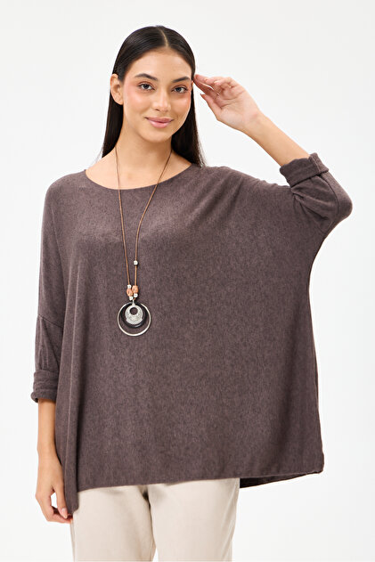 Women's Brown Italian Collared Oversize Lycra Knitwear Sweater 40 - 48 Size