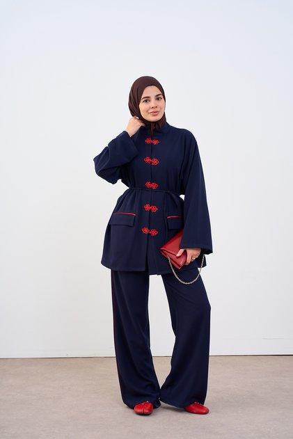 Women's Double Button Look Chinese Button Detail Waist Tie Suit Navy Blue