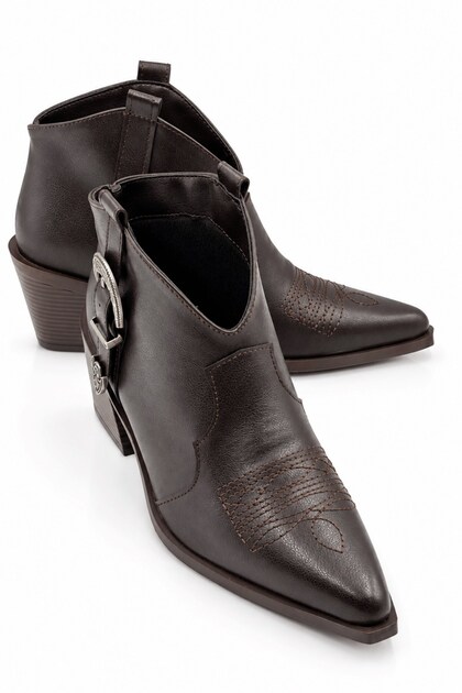 Phlox Women's Brown Leather Cowboy Metal Buckle Embroidered Thick Heeled Short Boots 6.5 cm Heel