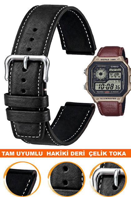 Ae-1200Whl-5Avdf Premium Genuine Leather Watch Band Strap Compatible with Ae-1200 Series L35Cae