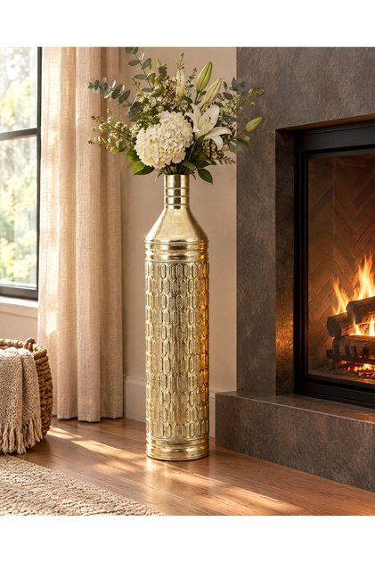 Royal Eskitme Gold Sütun Metal Zemin Vazosu – 89,5 cm Dresuar Yanı Tamamlayıcısı