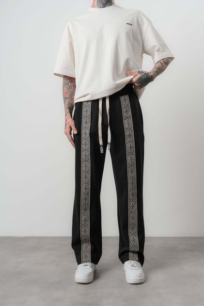 Pantaloni de Trening Barbati, Din Bumbac Doubleface, Croială Largă Baggy Lejeră, Cu Dungi Laterale Etnice Jacard